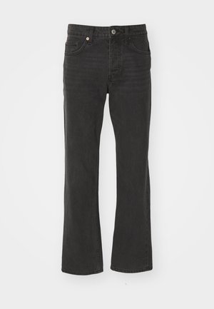Jeans noirs à jambe droite en denim avec un design classique à cinq poches et des bijoux en métal. Texture lisse avec une légère élasticité.