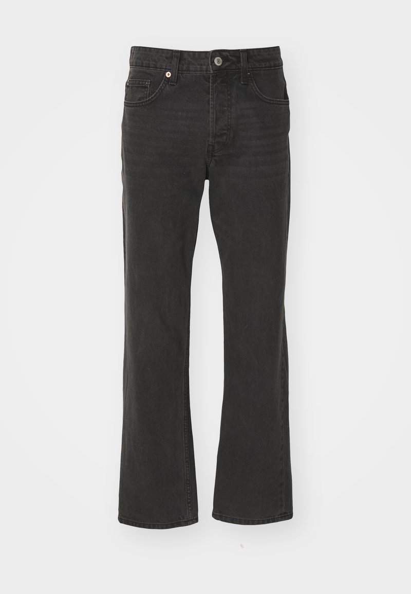 Schwarze, gerade Jeans aus Denim mit einem klassischen Fünf-Taschen-Design und Metallbeschlägen. Glatte Textur mit leichtem Stretch.
