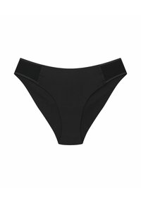 Czarny dół bikini o gładkiej fakturze, o średnim stanie i kontrastowym elastycznym pasku w talii. Prosty design bez wzorów ani akcentów.