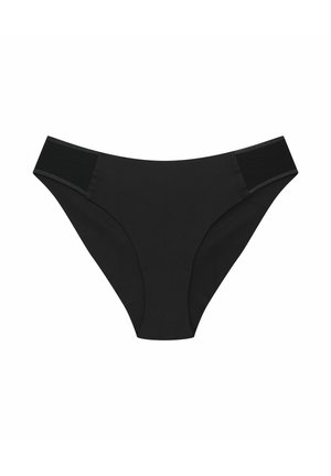 Czarny dół bikini o gładkiej fakturze, o średnim stanie i kontrastowym elastycznym pasku w talii. Prosty design bez wzorów ani akcentów.