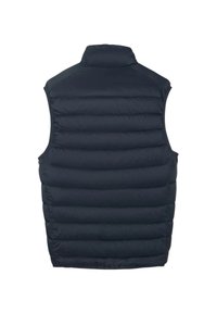 Chaleco de plumas de color navy con cuello alto, diseño sin mangas y patrón acolchado horizontal. Textura suave con una apariencia ligera.