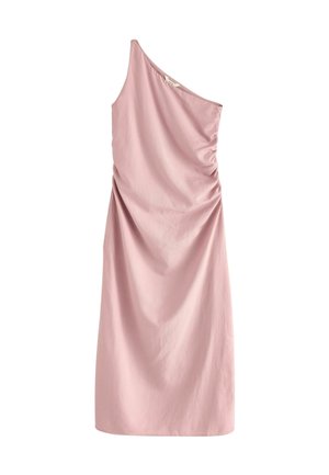 Raffung Ein-Schulter-Kleid aus zartem pinkem Stoff. Asymmetrisches Design mit glatter Textur und Drapierungselement an der Seite.