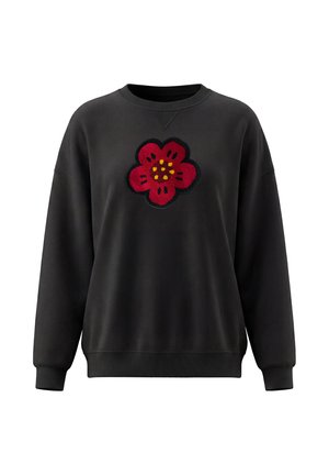 Sort langærmet sweatshirt med ribbet manchetter og kant, med en stor rød blomst med gule prikker broderet i midten.