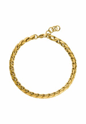 Goldfarbener Metallarmreif mit ovalen Gliedern, glatter Oberfläche und einem verstellbaren Verschluss mit Schlaufe für eine sichere Befestigung.