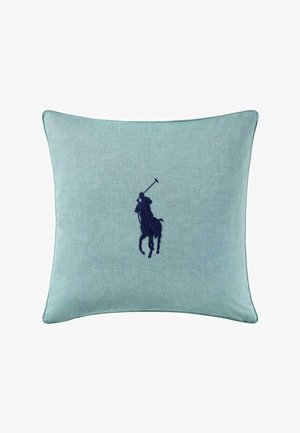 Aqua blue cushion with a textured finish, featuring a dark navy embroidered polo player design on one side.