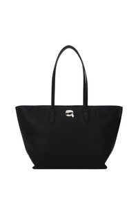 Zwarte leren tote bag met een textuurovervlak, dubbele handgrepen en een zilveren logo-detail. Wijde opening en ruim ontwerp voor gemakkelijke toegang.