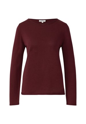 Burgundy long-sleeve sweater made of soft knit fabric, featuring a round neckline and fitted sleeves. Simple and classic design.