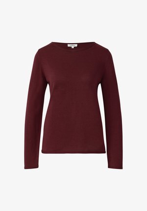 Burgundijska dolga majica s dolgimi rokavi iz mehkega pletenega materiala, z okroglo ovratnico in oprijetimi rokavi. Preprost in klasičen dizajn.