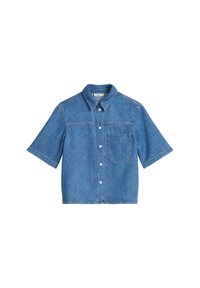 Light blue short-sleeve denim shirt with a button-down collar, a chest pocket, and contrast stitching details. Casual, relaxed fit.