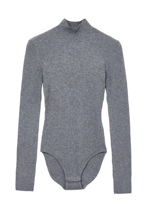 Grau gerippter Langarm-Body mit Stehkragen, ausgestattet mit einem enganliegenden Design und einer nahtlosen unteren Verschluss. Glatte Textur, vielseitiger Stil.