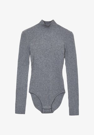 Grau gerippter Langarm-Body mit Stehkragen, ausgestattet mit einem enganliegenden Design und einer nahtlosen unteren Verschluss. Glatte Textur, vielseitiger Stil.