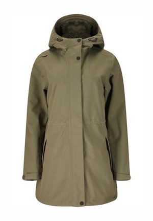 Olivgrüne, kapuzenbewehrte wasserdichte Jacke mit Druckknöpfen vorne, verstellbaren Bündchen und seitlichen Reißverschlusstaschen, entworfen für den Außeneinsatz.