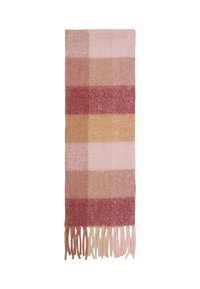 Sciarpa in lana a motivo check nei colori rosa, rosso e beige con bordi frangiati. Tessuto morbido e forma rettangolare. Le dimensioni sono di circa 60 x 20 cm.