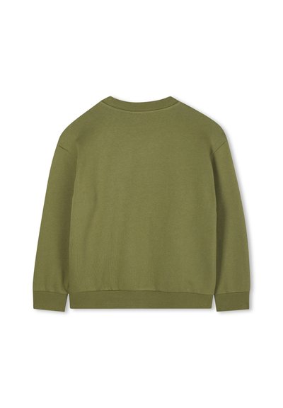 Pullover in verde oliva con collo rotondo, maniche lunghe e polsini e fondo a costine. Realizzato in un tessuto morbido e testurizzato.