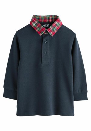 Dunkelblaues Langarm-Polohemd mit drei Knöpfen und einem karierten Kragen in Rot, Grün und Weiß.