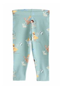 Leggings de tela verde claro con un patrón divertido de conejos, hadas y mariposas. Textura suave con un diseño ajustado.