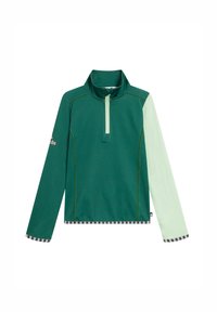 Grüner langärmeliger Pullover mit halbem Reißverschluss am Kragen, kontrastierenden mintgrünen Ärmeln und gestreiftem Saum. Verfügt über Nahtdetails und Logo am Ärmel.