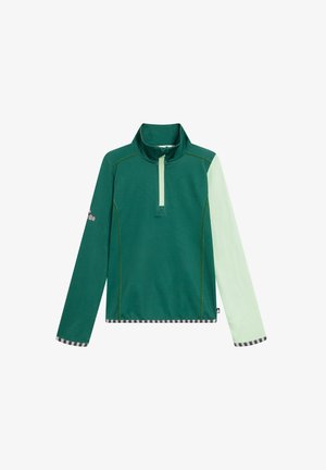 Grøn langærmet pullover med halvlynlås krave, kontrastmintgrønne ærmer og stribet kant. Har sømdetaljer og logo på ærmet.