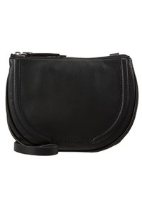 Borsa a tracolla in pelle nera con forma arrotondata, superficie strutturata, chiusura con zip e tracolla stretta. Dettagli di cucitura sottili.