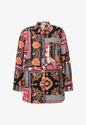 Hedvábná blůza s dlouhým rukávem vyrobená z živého černého materiálu s květinovými a geometrickými vzory v červené, oranžové a bílé barvě. Zapínání na knoflíky s límečkem.