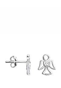 Orecchini a stella in argento a forma di angeli, con un design traforato, un dettaglio a forma di cuore al centro e una finitura lucida.