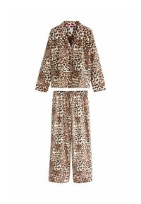 Leopardenmuster-Pyjama-Set aus weichem Stoff, bestehend aus einer knöpfbaren Langarmbluse und Hosen mit elastischem Bund, mit rosa Akzenten.