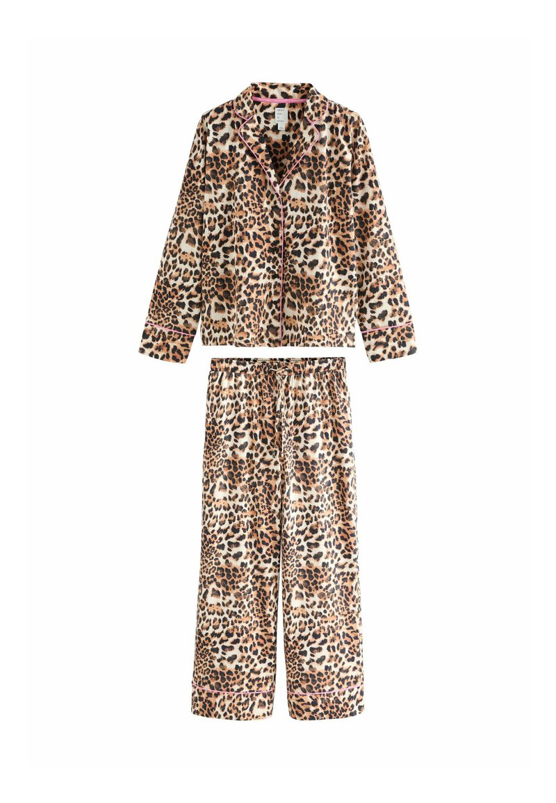 Leopardenmuster-Pyjama-Set aus weichem Stoff, bestehend aus einer knöpfbaren Langarmbluse und Hosen mit elastischem Bund, mit rosa Akzenten.