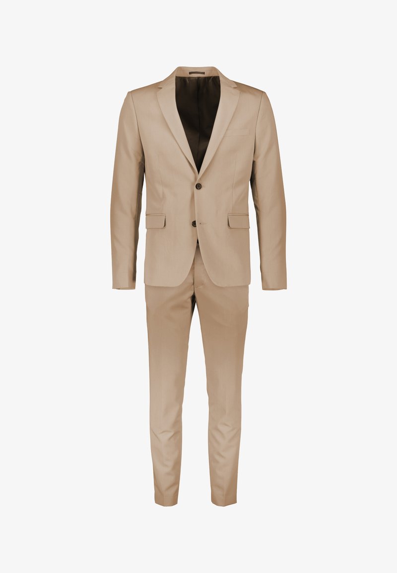Beiger Anzug mit einem einreihigen Sakko, Notch-Revers und zwei Knöpfen, kombiniert mit schmal geschnittenen Hosen. Glatte Textur und maßgeschneiderte Passform.