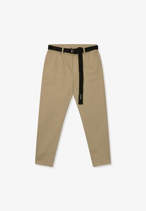 Beige cotton trousers with a black belt, elastic waistband, two front pockets, and a logo accent on the left side.