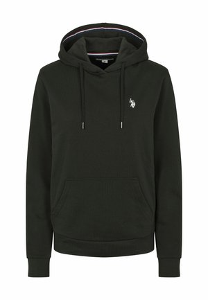 Mørkegrønn hettegenser laget av bomull, med kengurulomme, snorhette og en liten brodert logo på brystet.
