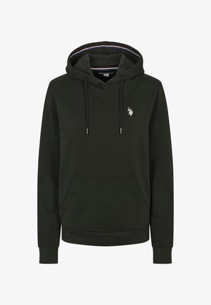 Mørkegrøn hoodie lavet af bomuld, med en kengurulomme, snorhætte og et lille broderet logo på brystet.