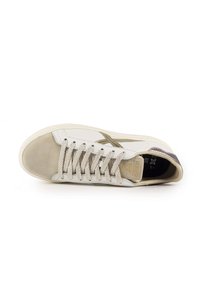 Sneaker bianco e beige con accenti in suede, lacci testurizzati, striscia laterale in oro metallizzato, suola in gomma e logo sulla linguetta.