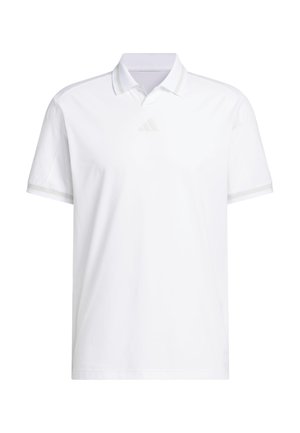 White polo shirt with a classic collar, short sleeves, and subtle white accent stripes. Features embossed logo on the chest and smooth fabric.