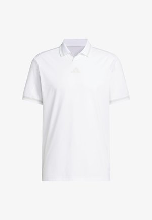 White polo shirt with a classic collar, short sleeves, and subtle white accent stripes. Features embossed logo on the chest and smooth fabric.