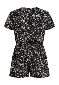 Czarny kombinezon z krótkimi rękawami i elastycznym pasem, z białym, nakrapianym wzorem w całej powierzchni. Prosty, luźny krój.
