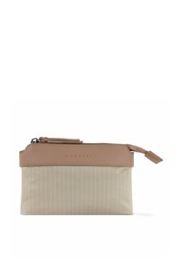 Pochette beige con un design a zigzag testurizzato e una parte superiore in pelle marrone liscia. Presenta una chiusura con zip e il logo "bugatti" impresso.