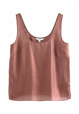Débardeur rose poudré sans manches à encolure arrondie, fabriqué en tissu léger et transparent, étiquette indiquant "NEXT" à l'intérieur du col arrière.