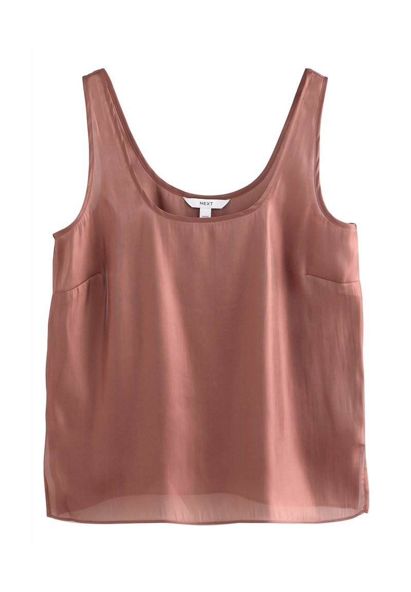 Débardeur rose poudré sans manches à encolure arrondie, fabriqué en tissu léger et transparent, étiquette indiquant "NEXT" à l'intérieur du col arrière.