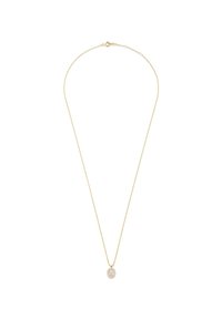 Collier doré avec une fine chaîne et un pendentif ovale présentant une pierre claire et scintillante dans un cadre décoratif.