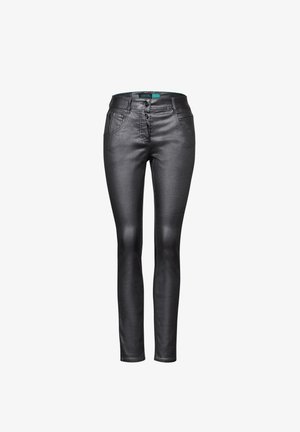 Zwarte neplederen skinny jeans met een getailleerd ontwerp, waarbij de klassieke vijf-pocketstijl en twee voorste knoopsluitingen zijn inbegrepen.