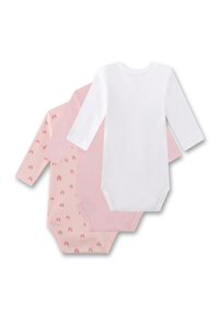 Drei Baby-Body mit langen Ärmeln: einer weiß und zwei pink, einer davon mit Regenbogenmuster. Weicher Baumwollstoff, Druckknöpfe im Schritt.