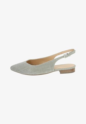 Slingback shoe in light gray textured fabric with a pointed toe and low wooden heel; features an adjustable metal buckle for fit.