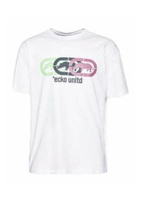 Tricou alb din bumbac cu mâneci scurte, având un logo grafic multicolor în verde, negru, roz și gri în centru.