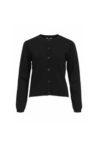 Cardigan noir en tissu doux, avec un col rond, des manches longues et une rangée de six boutons assortis sur le devant.
