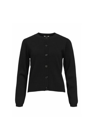 Sort cardigan lavet af blødt stof, med rund hals, lange ærmer og en række af seks matchende knapper langs fronten.