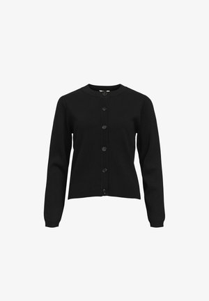 Cardigan noir en tissu doux, avec un col rond, des manches longues et une rangée de six boutons assortis sur le devant.