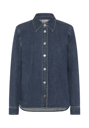 Temno modra denim jakna z dolgimi rokavi, ostrim ovratnikom in sprednjo vrsto sedmih srebrnih pritiskačev.