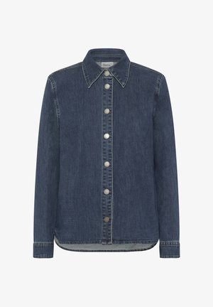 Temno modra denim jakna z dolgimi rokavi, ostrim ovratnikom in sprednjo vrsto sedmih srebrnih pritiskačev.