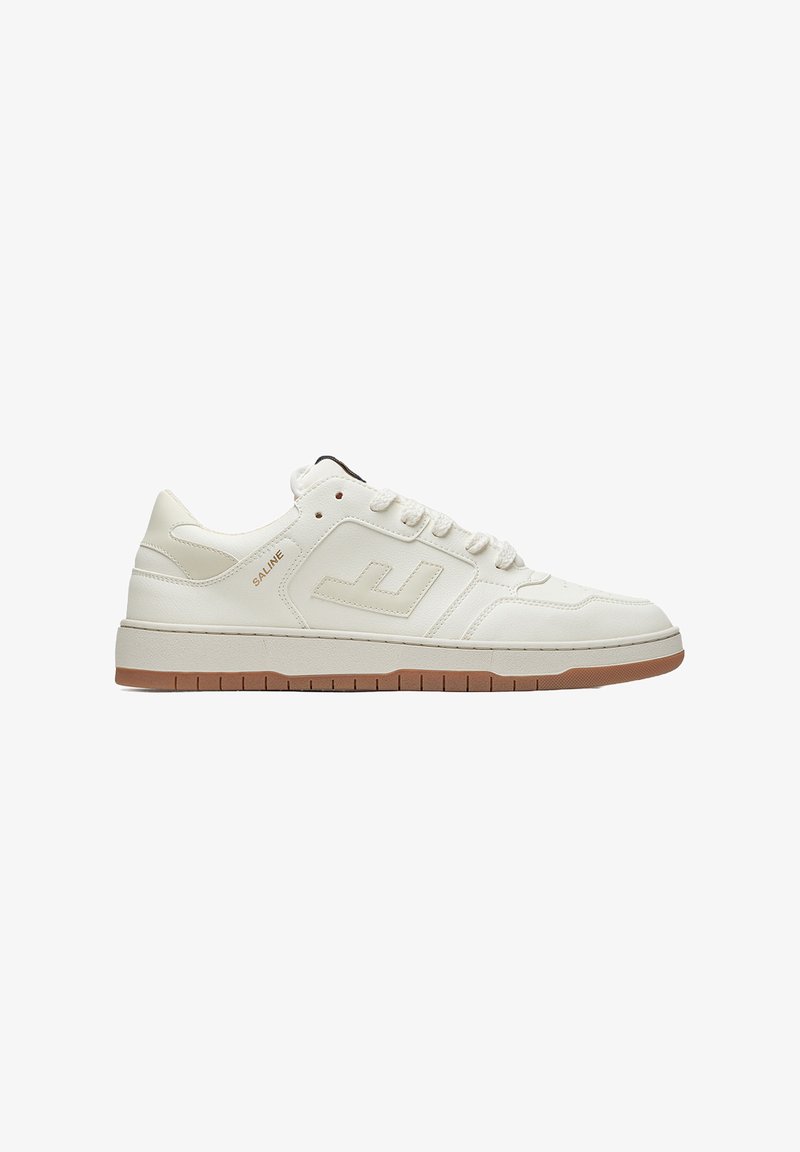 White leather sneaker with a low-top design, featuring a textured sole, zigzag stitching, and a brown rubber outsole. "Saline" logo on side.