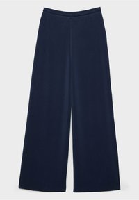Marineblauwe brede broek met een gladde textuur, elastische tailleband en een vloeiende uitstraling. Kenmerkt zich door een rechte snit en volle lengte.